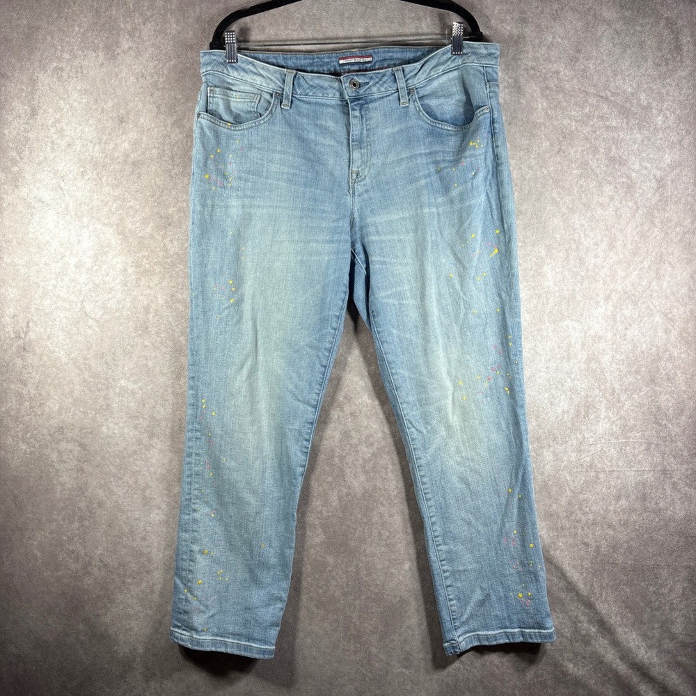 Tommy Hilfiger Jeans Women 14 Blue Paint Splatter Straight Leg Light Wash Casual